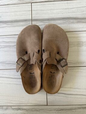 Birkenstock Taupe Suede Clog Mules with Buckle